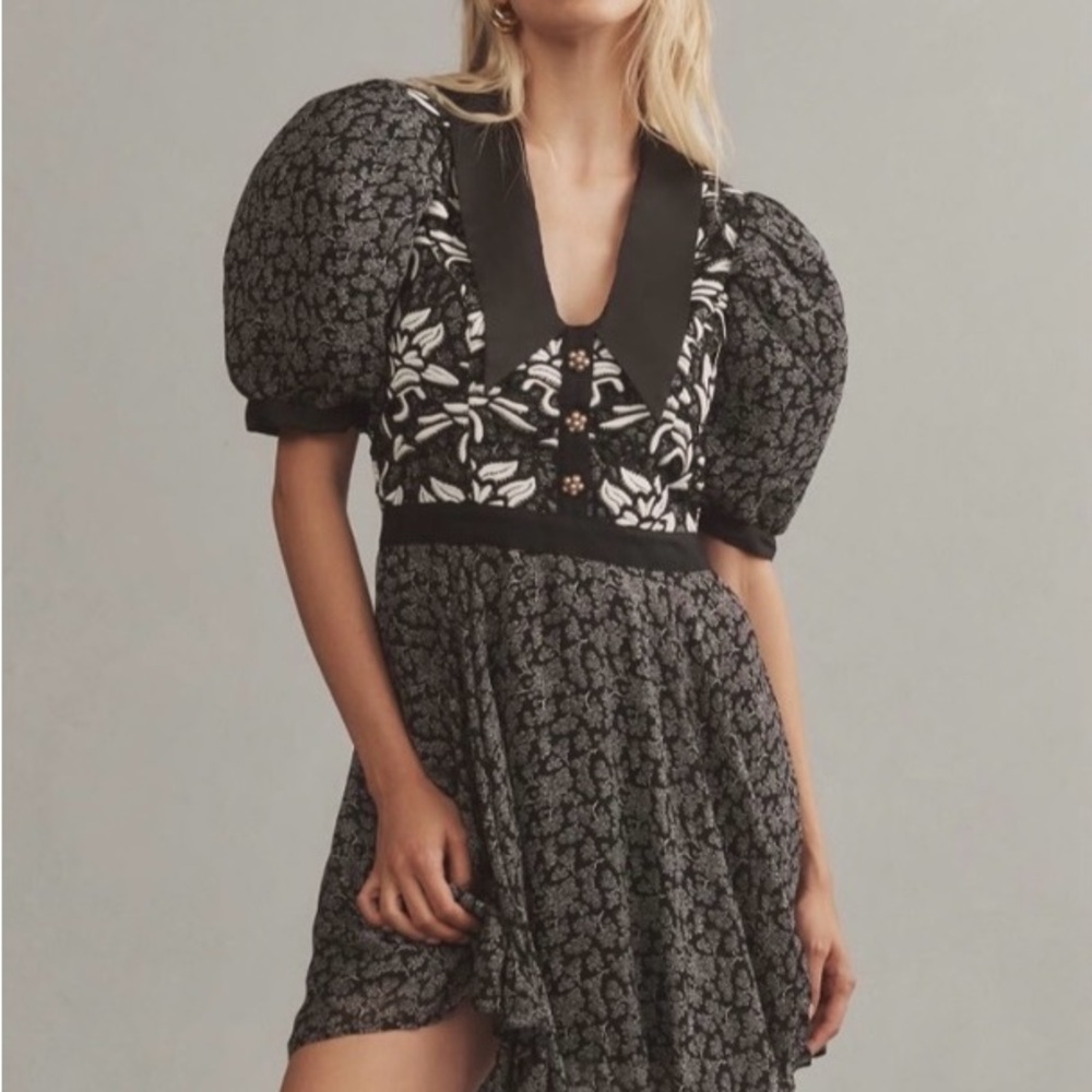 Anthropologie Black and White Puff Sleeve Mini Dress